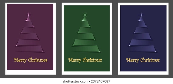 Conjunto de alegres árboles de Navidad cortados del papel sobre un fondo verde, morado, azul con estrellas y texto con un gradiente dorado. Elementos de las vacaciones de Navidad. Cortar el estilo de papel. EPS10 vectores.