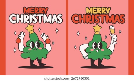Set of Merry Christmas tree mascot poster. Retro style greeting card. Vector illustration.