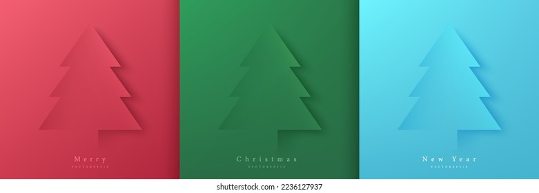 Set of merry christmas tree on red, green and light blue in paper cut background. Elements of new year day festival. Top view scene for product display. Simple flat design. Vector EPS10.