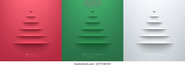 Conjunto de alegres árboles de navidad sobre rojo, verde y blanco en el fondo de corte de papel. Elementos del festival de Año Nuevo para tarjeta, portada. Escena de vista superior para la visualización del producto. Diseño plano simple con un diseño mínimo