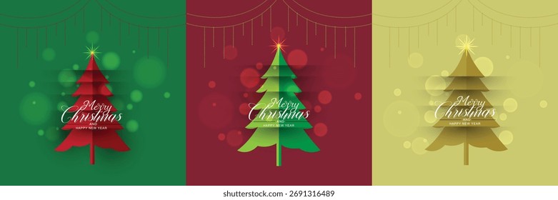 Set of merry Christmas tree on green, red and gold in paper cut background