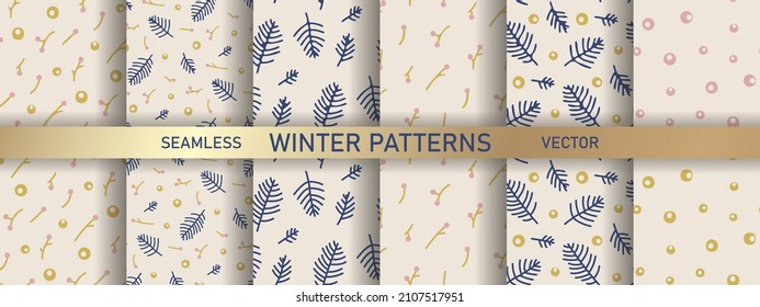 Set of Merry Christmas trees patterns. Happy new year holidays fir branches collection of backgrounds. Merry Christmas winter backgrounds
