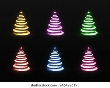 Set of Merry Christmas trees silhouettes from shiny circles particles on black transparent background. Shiny stylish magical spiral Christmas tree with shining star.