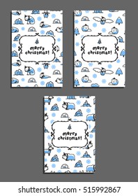 Set of merry christmas vector greeting card templates with arctic animals. Childish illustrations of polar bear, reindeer, arctic fox, walrus, seal, owl, penguin and musk-ox. Animals wear scarves