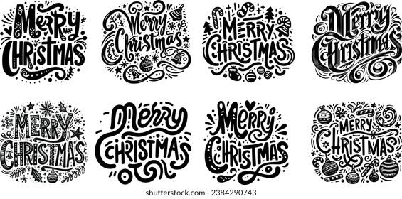 Juego de Ilustraciones del Vector de Feliz Navidad en diferentes estilos de escritura de doodle lindo