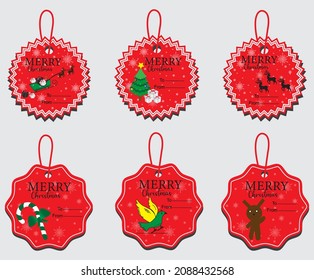 Set of Merry Christmas Vector Stickers. labels with Santa sleigh, tree, gift boxes, teddy bear deer, bird and candy cane. Vector illustration.