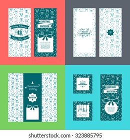 Set of Merry Christmas vertical 2 side banners with pattern on colorful background. Vector illustration. New Year greeting card templates