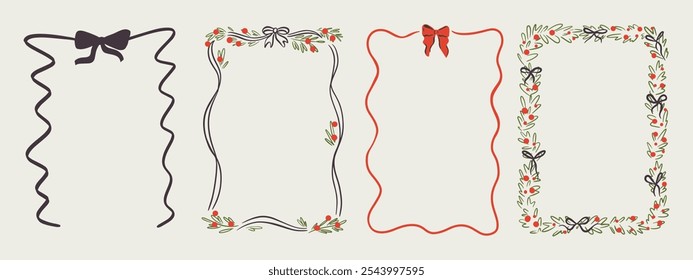 Set of Merry Christmas whimsical hand-drawn blue orange green color frames with wavy squiggle curly ribbons in trendy, vintage styles. Perfect for quirky holiday, Christmas invitation,greeting card.