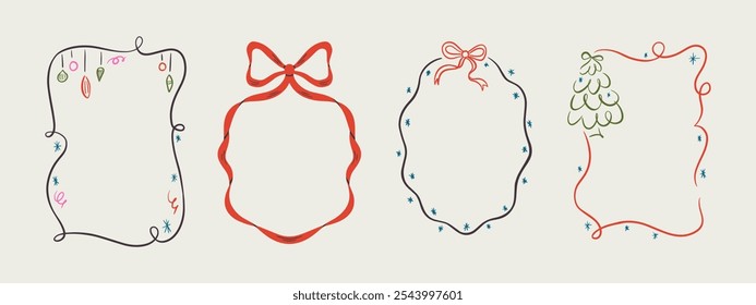 Set of Merry Christmas whimsical hand-drawn blue orange green color frames with wavy squiggle curly ribbons in trendy, vintage styles. Perfect for quirky holiday, Christmas invitation,greeting card.