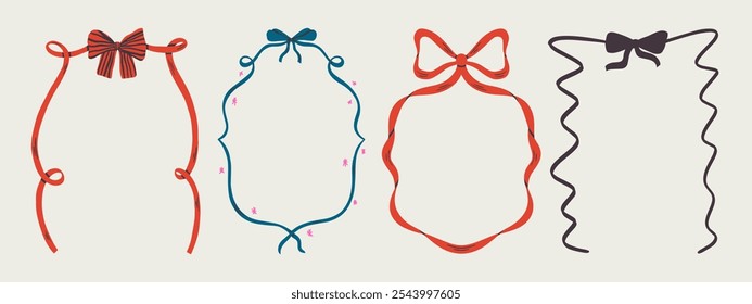 Set of Merry Christmas whimsical hand-drawn blue orange green color frames with wavy squiggle curly ribbons in trendy, vintage styles. Perfect for quirky holiday, Christmas invitation,greeting card.