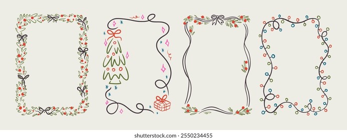 Set of Merry Christmas whimsical hand-drawn blue orange green color frames with wavy squiggle curly ribbons in trendy, vintage styles. Perfect for quirky holiday, Christmas invitation,greeting card.