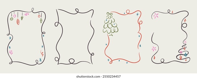 Set of Merry Christmas whimsical hand-drawn blue orange green color frames with wavy squiggle curly ribbons in trendy, vintage styles. Perfect for quirky holiday, Christmas invitation,greeting card.