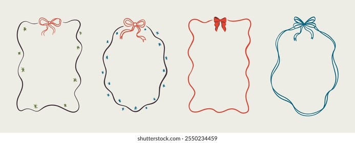 Set of Merry Christmas whimsical hand-drawn blue orange green color frames with wavy squiggle curly ribbons in trendy, vintage styles. Perfect for quirky holiday, Christmas invitation,greeting card.