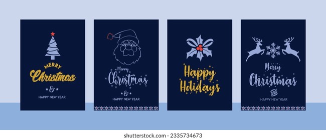 Set of merry christmas winter holiday new year greeting cards with xmas decoration elements.