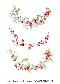 Set of Merry Christmas wreath with berries and branches watercolor. Bouquet of holly watercolor hand-painted. Suitable for Christmas card design, New Year invitations.