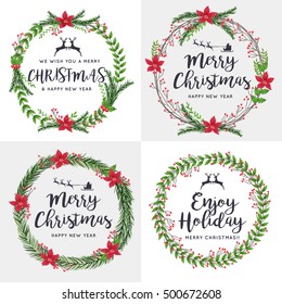 Set of Merry Christmas Wreath Flowers. Ornaments Decorative. Vector illustration.