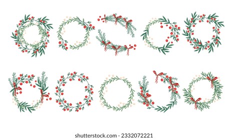 Conjunto de Merry Christmas wreath mistletocon bayas rojas ilustración vectorial aislada en fondo blanco