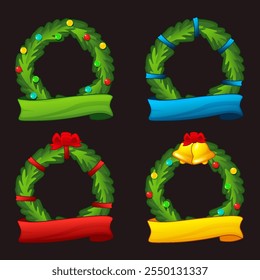 Set of Merry Christmas wreaths or frames, icons with colored ribbons for your icons. Evergreen forest plant branches woven to circle for the door decor