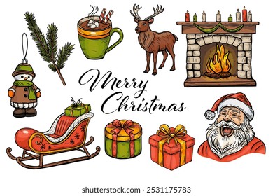 Set of Merry Christmas,vector sketch in vintage style, line drawing in color. Santa, reindeer, sleigh, gifts and other elements.