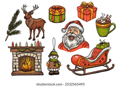 Set of Merry Christmas,vector sketch in vintage style, line drawing in color. Santa, reindeer, sleigh, gifts and other elements.