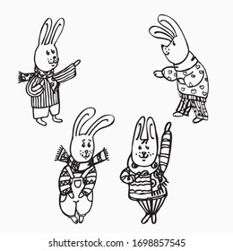 Set of merry hares in winter clothes. Sweater with ornament, pants and a scarf. Scandinavian style. Hand-drawn. Doodle vector graphic. Isolated image on a white background.