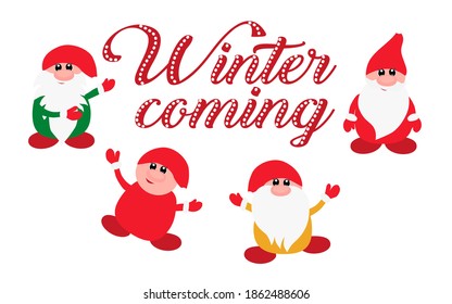 Set of merry new year gnomes on a white isolated background in a flat style. Christmas, holiday, sticker, decoration, printing on bags, t-shirts.