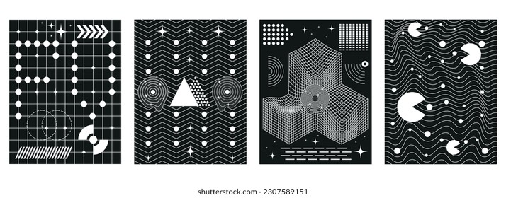 Set of mesh backgrounds with abstract geometric shapes in 3d style. Knots, elements, cyberpunk shapes in trendy psychedelic rave style. Retro futuristic aesthetics u2k. Vector illustration. 3.