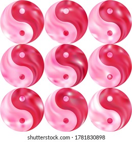 Conjunto de antecedentes de malla con yin yang. Icono de color suave de moda. Fondo budista de líquido original. Plantillas de celebración rosa para sus tarjetas, invitación, folleto y calendario.