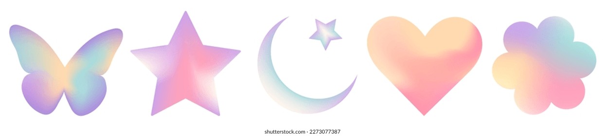 Set of mesh blurred unfocused gradient stickers in pastel colors. Abstract y2k geometric shapes in trendy retro style. Heart, flower, daisy, butterfly, star, moon