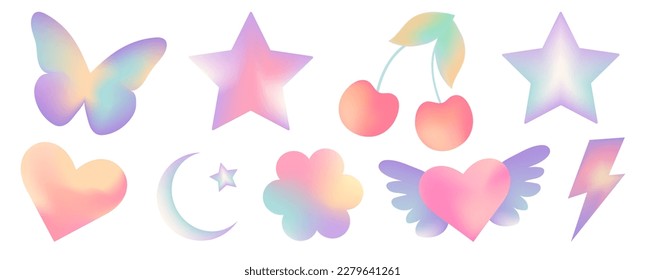 Set mesh blurred unfocused gradient stickers in pastel colors  Abstract y2k geometric shapes in trendy retro style  Heart  flower  daisy  butterfly  star  moon  cherry  angel

