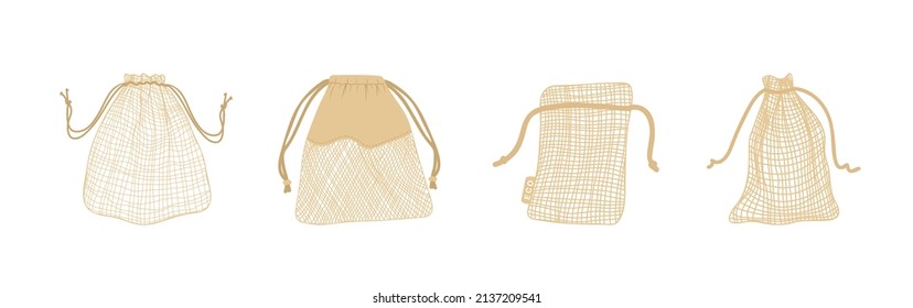 Set of mesh eco bags isolated on white background. Natural and biodegradable material pouches. Vector illustration in flat cartoon style. Eco friendly product. Zero waste concept. No plastic.