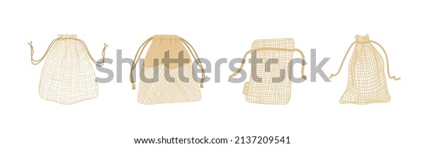 Set of mesh eco bags isolated on white\
background. Natural and biodegradable material pouches. Vector\
illustration in flat cartoon style. Eco friendly product. Zero\
waste concept. No plastic.