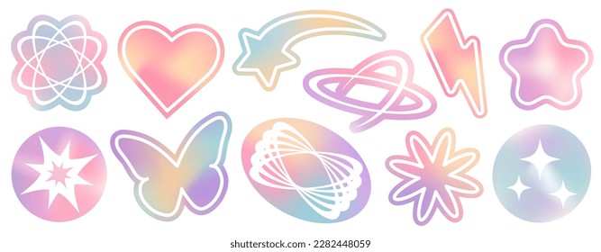 Set of mesh gradient stickers in pastel colors. Abstract y2k geometric shapes in trendy retro style. Heart, flower, daisy, butterfly, star