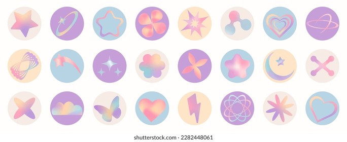 Set of mesh gradient stickers in pastel colors. Abstract y2k geometric shapes in trendy retro style.