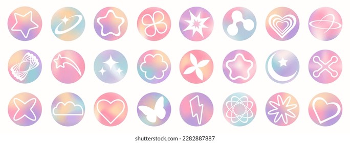 Set of mesh gradient stickers in pastel colors. Abstract y2k geometric shapes in trendy retro style.