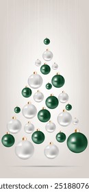 A set of mesh green and white balls laid out in the shape of a Christmas tree.