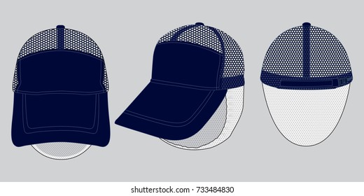 Set Mesh Navy blue Baseball Cap With White Cover Hair For Template.