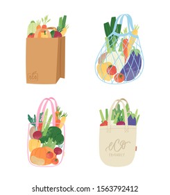 Set of mesh, net, paper and textile shopping bags with vegetables for eco friendly living. Vegan zero waste concept. Colorful hand drawn trendy shoppers vector illustration. Say NO to plastic!