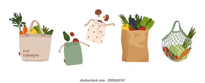 Conjunto de malla, red, papel y bolsas textiles para la compra, almacenamiento para una vida ecológica. No hay bolsas de plástico. Concepto de estilo de vida de basura cero. Colorida imagen vectorial de los compradores.