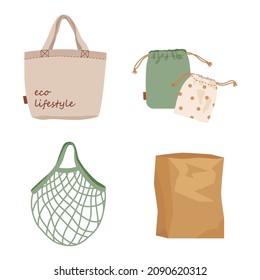 Set Of Mesh, Net, Paper And Textile Tote Bags For Shopping, Storage For Eco Friendly Living. No Plastic Bags. Zero Waste Lifestyle Concept. Colorful Shoppers Vector Illustration.