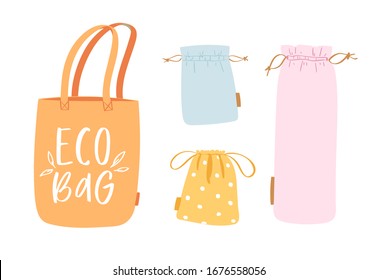 Set Of Mesh, Net And Textile Tote Bags For Shopping, Storage For Eco Friendly Living. Vegan Zero Waste Lifestyle Concept. Colorful Hand Drawn Trendy Shoppers Vector Illustration. Say NO To Plastic!
