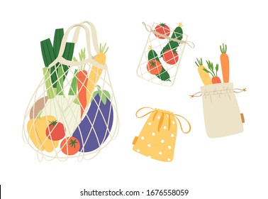 Set of mesh, net and textile tote bags for shopping, storage for eco friendly living. Vegan zero waste lifestyle concept. Colorful hand drawn trendy shoppers vector illustration. Say NO to plastic!