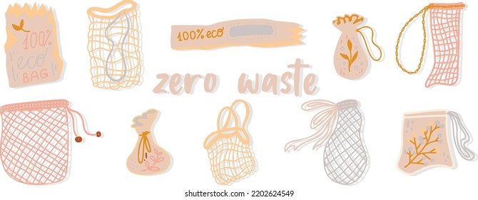 Set of mesh, net and textile tote bags for shopping, storage for eco friendly living. Vegan zero waste lifestyle concept. Colorful hand drawn trendy shoppers vector illustration. Say NO to plastic!
