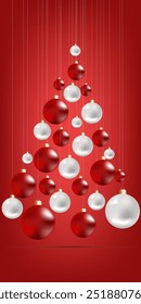 A set of mesh red and white balls laid out in the shape of a Christmas tree.