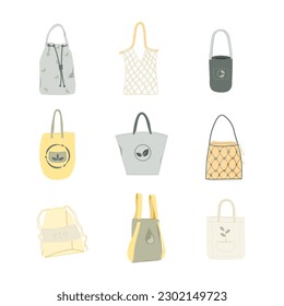 A set of mesh and textile bags for shopping, storage for an eco-friendly life. Eco shopping bags. Wasteless lifestyle concept. Vector illustration.