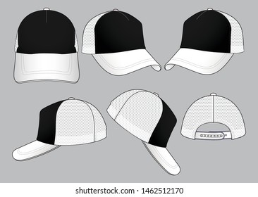 Set Mesh Trucker Baseball Cap Vector With BlackWhite Colors.