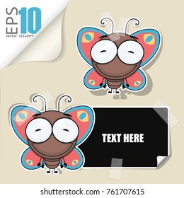 Set of message card with cartoon butterfly and paper butterfly fixed with sticky tape. Vector illustration.