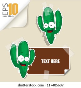 Set of message card with cartoon cactus and paper cactus fixed with sticky tape. Vector illustration.