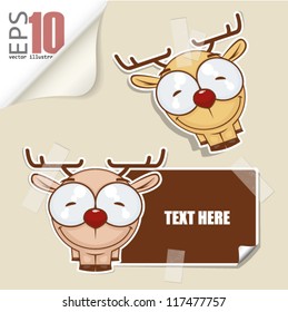 Set of message card with cartoon deer and paper deer fixed with sticky tape. Vector illustration.