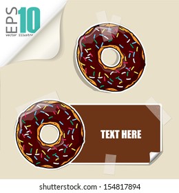 Set of message card with cartoon donut and paper donut fixed with sticky tape. Vector illustration.